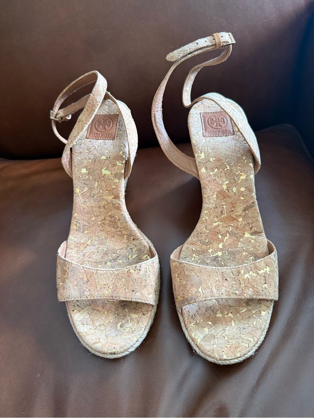 Tory Burch Cork Wedge Sandals with Gold Fleck